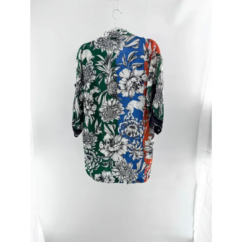 Agua Bendita Chrissy Tropical 3/4 Sleeve Button-Up Cover-Up Shirt Multi Medium
